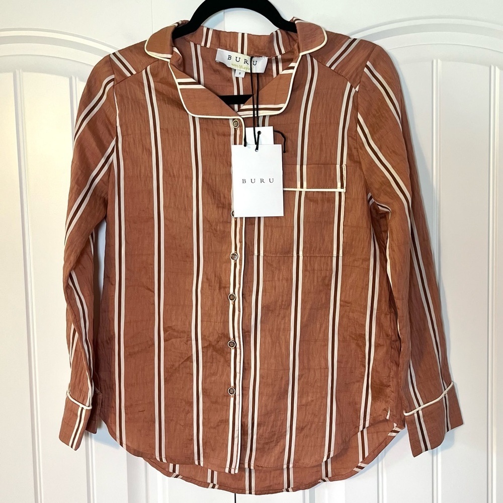 BURU White Label PJ Blouse Brown Tan Stripe Pajama Casual Size Small NWT